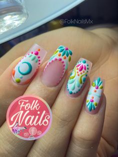 Pink Mexican Nails, Mexican Flower Nails, Mexican Nails Designs Mexico, Bold Nail Designs, Paisley Nails, Margarita Nails