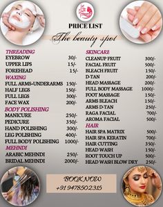 the price list for beauty products is shown