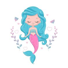 a cute little mermaid with blue hair holding a cell phone in her hands and surrounded by hearts