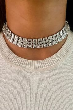 Silver tone choker with clear diamond stone embellishments. Paired with vine patterned embellished choker and tear-drop layered necklace. Comes with 3 pairs of earrings. - Aza Fashions Drops Patterns, Stone Choker, Layered Necklace Set, Diamond Choker, White Brass, Jewellery Sets, White Jewelry, Layered Necklace, White Stone