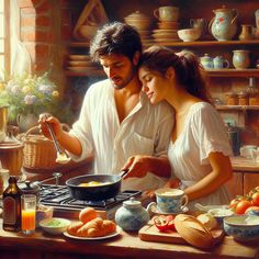 a painting of a man and woman cooking together