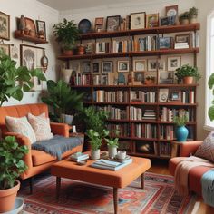 a living room filled with furniture and lots of bookshelves full of plants on top of them