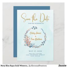 save the date card with watercolor corals and leaves on it, in gold lettering