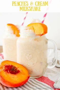 two peaches and cream milkshakes in mason jars