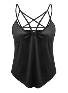 Remis en stock / Back in stock: Black ribbed tank top with pentagram straps gothic nugoth  Prix: 14.90lt;brgt;#new #nouveau #japanattitude #tops #gothique #gothic #rock #occulte #occult #tank #top #thongs #pentagram #pentacle #black #neckline #short #nugoth #goth Gothic Tank Tops, Punk Looks, Gothic Girl, Backless Tank Top, Space Outfit, Skull Clothing, Backless Crop Top