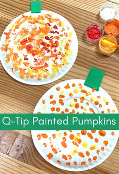 two paper plates with painted pumpkins on them and the words o - tip painted pumpkins