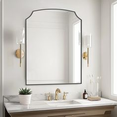 a bathroom vanity with two sinks and a large mirror on the wall above it, along with a potted succulent plant