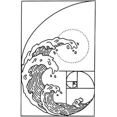 a black and white drawing of a wave in the middle of a circle with an image of