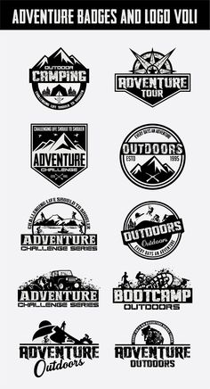 the logos for adventure badges and logo vol 1 are shown in black and white colors