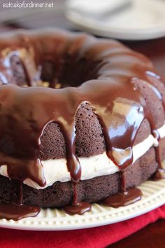 a chocolate bunt cake with white frosting and chocolate drizzle on top