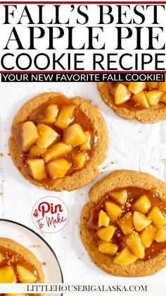 three cookies with apples on top and the title reads fall's best apple pie cookie recipe