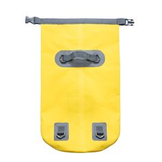 a yellow and grey water bag with handles on it's sides, hanging from the side