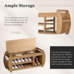 the shoe rack is made from wood and has multiple compartments for shoes to store them