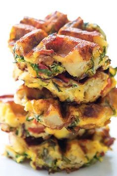 stack of breakfast food items sitting on top of each other