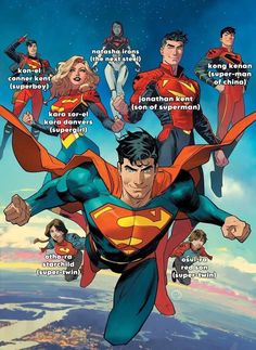 the superman family is flying through the air with their names on it's chest