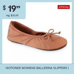 You�ll love the chic details of these Isotoner women�s ballerina slippers when you want to slip on a pair of cozy flats for lounging at home. Made from a recycled blend with a satin finish, these round-toe flat shoes have a quilted insole with memory foam cushioning and also come adorned with a tie on the front. Wear them with your favorite pair of sweatpants or jeans and a hoodie.Features: Memory FoamClosure Type: Slip-OnBase Material: 88% Recycled Polyester, 12% SpandexUpper/Outer Base Materi… Non-slip Ballet Flats With Round Toe, Non-slip Slip-on Flats, Non-slip Ballet Flats, Comfortable Non-slip Flats, Slippers White, Ballerina Slippers, The Chic, Flat Shoes, Home Made