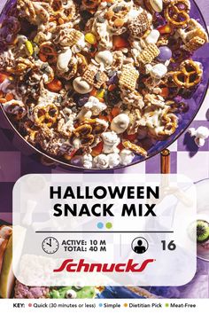 This festive snack mix is sweet, salty and crunchy—perfect for sharing at a fall or Halloween get-together. It’s easy to make and can be customized with whatever candies or snack ingredients you have on hand. Halloween Mix Snack, Halloween Salty Snacks, Halloween Snack Mix Recipes, Popcorn Desserts, Easy Halloween Snack Ideas, Popcorn Dessert, Winter Snacks, Fall Snack Mixes, Halloween Themed Snacks