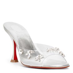 Silver pvc leather mules from Christian Louboutin. The Degraqueen mules are made of metallic nappa leather, set on an 85mm slanted heel. It features a transparent PVC upper, adorned with silver jewel-like strass.True to sizeSignature red leather soleMade in Italy Silver Heel, Red Lacquer, Silver Jewels, Leather Mules, Leather Care, Party Fashion, Nappa Leather, Luxury Handbags, Red Leather