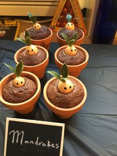 there are many cupcakes with googly eyes on them sitting in small pots