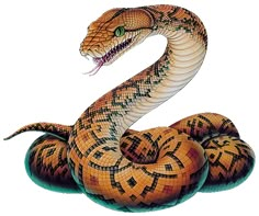 an orange and black snake with it's mouth open on top of another snake