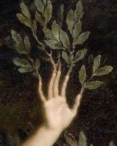 a painting of a hand reaching for leaves