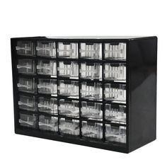 a black cabinet filled with glasses on top of a white background and lots of clear cups