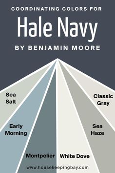 the color scheme for hale navy by benjamin moore is shown in shades of blue, white and gray