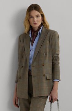 This lightweight blazer is cut from stretch wool patterned with classic glen plaid. 27 1/2" length (size 8) Front button closure Peaked lapels Front flap pockets Lined 96% wool, 4% elastane Dry clean or hand wash, line dry Imported Plaid Blazer Outfit, Ralph Lauren Womens Clothing, Lightweight Blazer, Blazer Outfit, Glen Plaid, Checked Blazer, Ralph Lauren Purple Label, Ralph Lauren Womens, Plaid Blazer