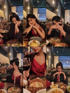 a collage of photos showing people eating and drinking wine at a table with food on it