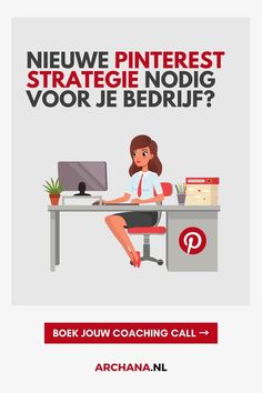 a woman sitting at a desk in front of a computer screen with the words neuve pinterest strategie nodig voor je bedruf?