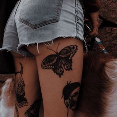 Aesthetic Female tattoo model in jean shorts Americana Patchwork Tattoo, Mushroom Collar Bone Tattoo, Tattoed Legs Woman, Moth Tattoo Placement Ideas, Anti Valentines Day Outfit, American Traditional Feminine, Ladies Leg Tattoos, Leg Tattoo Placement Ideas, Moth Tattoo Leg