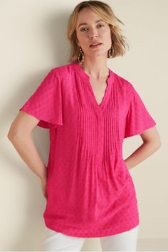 Offshore Top - Flowing Pleated Lined Top | Soft Surroundings Shrug For Dresses, Raspberry Sorbet, Beautiful Blouses, Soft Surroundings, The Shirt, Knit Jersey, Tunic Tops, Short Sleeves, Top Outfits