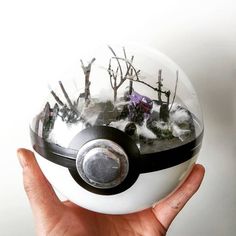 a hand holding a pokemon ball with trees in it