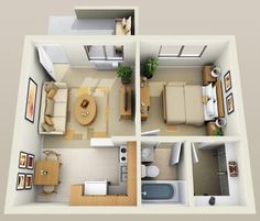 an overhead view of a two bedroom apartment with living room, dining area and kitchen