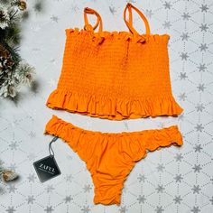 Zaful Forever Young Bikini Set With Straps In Orange , Brand New- Medium Sexy Orange Bikini Set With Elastic Shirred Design And Ruffles Hem Present. Never Worn, Missing Tag In The Top But Has It In The Bottom Padded, Wire Free. Nylon - Spandex G 0009 Zaful Bikinis, Striped Swimsuit, Swim Suits, Swim Suit Bottoms, Cheeky Bikinis, Forever Young, Ruffles, Spandex, Elastic