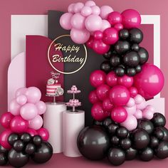 a pink and black birthday party with balloons