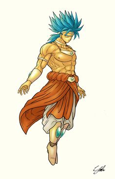 a drawing of a man with blue hair and no shirt on, in the air