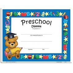 a certificate with a teddy bear holding a book and stars around it, on top of a blue background