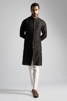 Brown straight kurta featuring thread embroidered floral petal motifs highlighted by crystals. Comes with pant. - Aza Fashions Eid Straight Kurta With Tonal Embroidery, Festive Tonal Embroidery Sets For Eid, Festive Sets With Tonal Embroidery For Eid, Festive Wedding Kurta With Tonal Embroidery, Festive Cotton Sets With Tonal Embroidery, Eid Fitted Kurta With Tonal Embroidery, Festive Traditional Wear With Tonal Embroidery For Eid, Eid Festive Traditional Wear With Tonal Embroidery, Traditional Festive Kurta With Tonal Embroidery