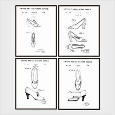 "*Vintage Women's Shoe Patents featuring shoe styles from 1933 & 1934. *Own a piece of history that's nearly 100 years old - From back when things were really different. *Downloadable Classic Shoe Patent Print set - 4 different shoe patents. *Authentic Patent Diagram print of 4 Vintage Shoe Design Patents from the early 1900s. *This is one of several vintage patent sets we have showing original Women's Clothing Design patents and how things evolved over the years. All very interesting and very r Shoe Prints, Shoe Sketches, Vintage Shoe, Womens Shoe, Shoe Design, Patent Shoes, Mode Design, Different Dresses, Patent Prints