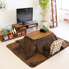 a living room with a couch, table and television