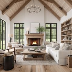 a living room filled with furniture and a fire place in the middle of a room