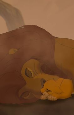 the lion king is laying down with his head resting on its back and it's eyes closed