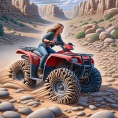 a painting of a woman riding an atv in the desert with rocks and boulders behind her