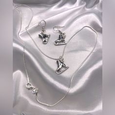 Adorable Silver Ice Skate Necklace & Earring Set. Nwot Silver Heart-shaped Metal Jewelry Sets, Silver Jewelry Sets With Matching Earrings For Valentine's Day, Valentine's Day Silver Jewelry Sets With Matching Earrings, Ice Skate, Necklace Earring Set, Ice Skating, Skating, Womens Jewelry Necklace, Earring Set