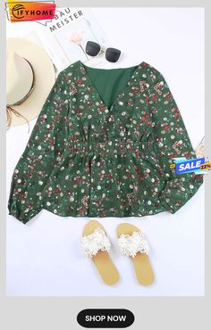 Green Floral Print Wrap V Neck Peplum Top V Neck Peplum Top, Long Sleeve Peplum Top, Lisa Fischer, Printed Peplum Top, Ruffle Wedding Dress, Bohemian Blouses, Peplum Styling, Formal Cocktail Dress, Floral Peplum