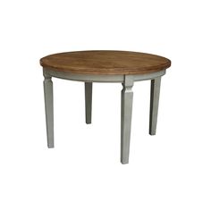 a round wooden table with metal legs and a wood top on an isolated white background