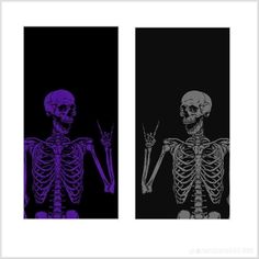 two pictures of skeletons in purple and black