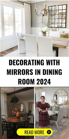 a woman standing in front of a dining room table and chairs with the text decor with mirrors in dining room 2024 read more