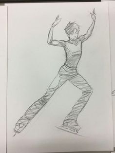 a pencil drawing of a person on a skateboard with arms outstretched in the air